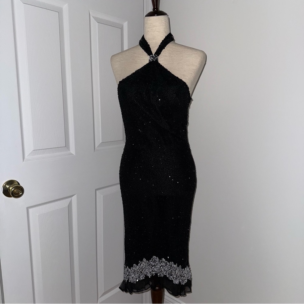 Scala Beaded Silk Black Halter Dress with Silver Accents